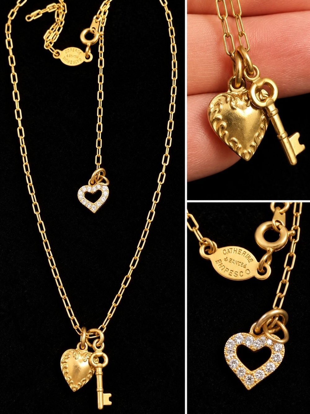 CATHERINE POPESCO France 14K Gold Plated Crystal Heart Key Layered Necklace